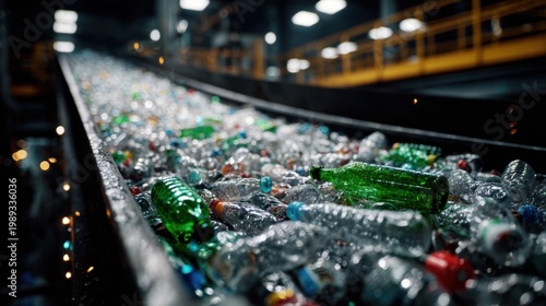 Empty glass and plastic bottles on recycling conveyor belt