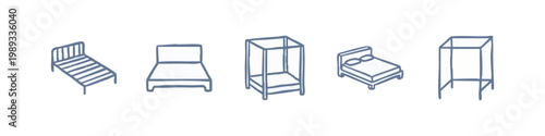 Bedroom Furniture Styles and Bed Frames Blue Hand-Drawn Icon Set