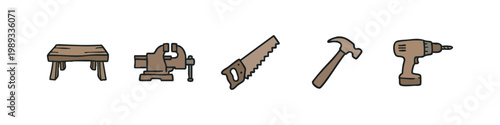 Carpentry Workshop Tools and Woodworking Bench Icon Collection