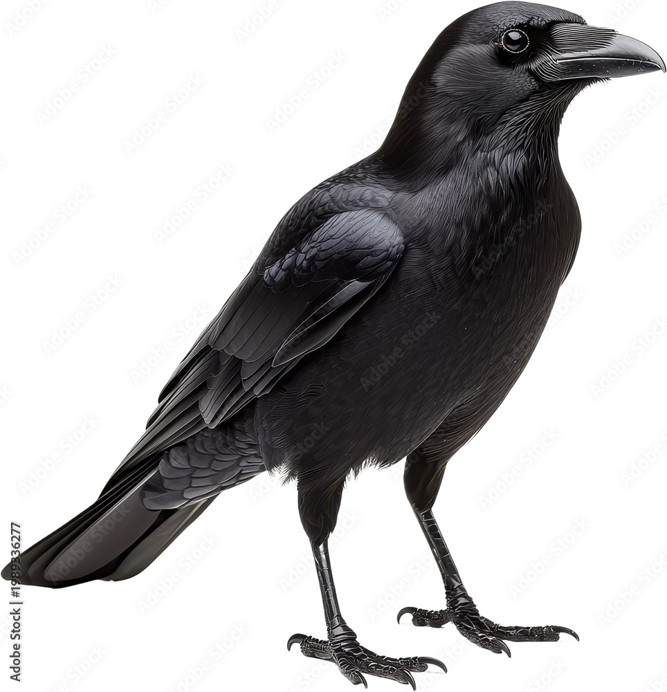 Fototapeta premium Raven black bird wildlife beak feather Close up raven standing, glossy black feather detail