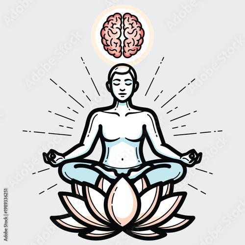 Person meditating in lotus pose with glowing brain above, symbolizing enlightenment and clarity.
