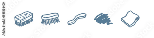 Hand Drawn Blue Cleaning and Utility Icons Set with Brushes