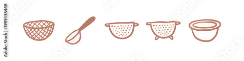 Hand Drawn Kitchenware and Cooking Utensil Icon Set in Earthy Red