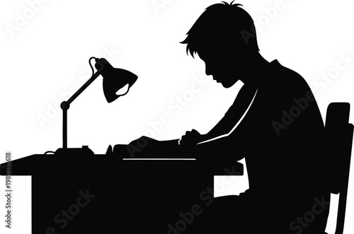 Silhouette of a person deeply focused on writing at a desk with a desk lamp. isolated on white background, Vector