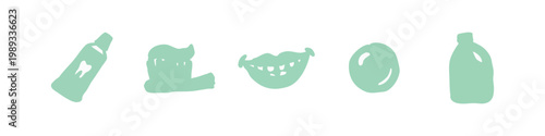 Dental Care and Hygiene Doodle Icon Set with Toothpaste Tube and Smiling Mouth