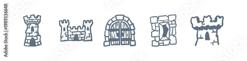 Medieval Castle and Architecture Hand Drawn Icons with Towers and Gates