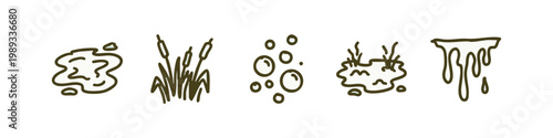 Swamp and Pond Life Hand Drawn Icons with Reeds Bubbles and Slime