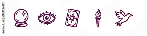 Mystical and Occult Doodle Icons with Crystal Ball Eye and Tarot