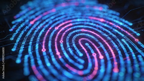 A close-up view of a glowing blue and pink fingerprint on a dark background shows technology and biometric identification details.