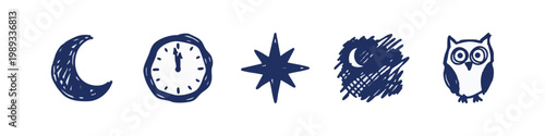 Nighttime and Midnight Icons with Moon Clock Star and Owl