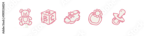 Baby Nursery and Infant Toys Hand Drawn Pink Icon Set
