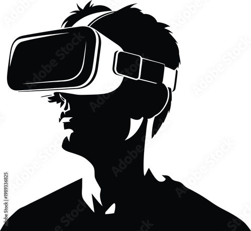 Person wearing virtual reality headset exploring immersive digital worlds isolated on white background, Vector