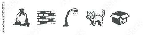 Hand-drawn icons: excavator, pile, hard hat, dynamite, cage