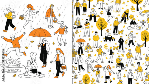 Autumn rainy day activities and seamless pattern with people walking under umbrella, falling leaves and seasonal lifestyle scenes, vector illustration set