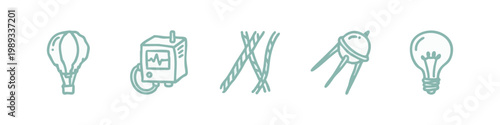 Hand-drawn icons of exploration, innovation, and scientific concepts: hot air balloon, medical monitor, sticks, satellite, light bulb.