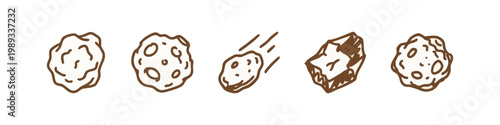 Collection of hand-drawn asteroid and meteorite icons, showcasing various rock and celestial body shapes.