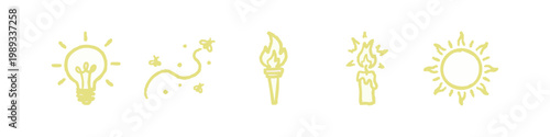 Light and Energy Icons: Lightbulb, Sparkles, Torch, Candle, Sun