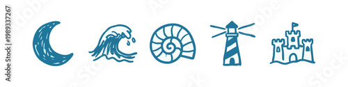 Hand-drawn icons of beach, ocean, and coastal elements, including crescent moon, wave, nautilus shell, lighthouse, and sandcastle.