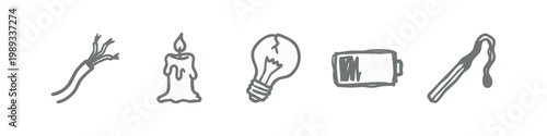 Energy and Power Icons: Wires, Candle, Lightbulb, Battery, Match