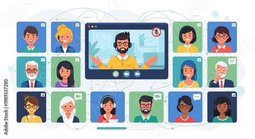 Online conference call meeting with diverse participants from around the world represented in a grid layout