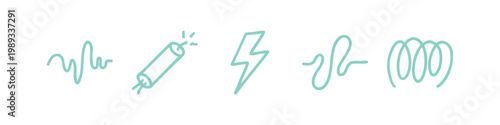 Hand-drawn icons representing electricity, energy, and waveforms, including a waveform, battery, lightning bolt, squiggly line, and coil.