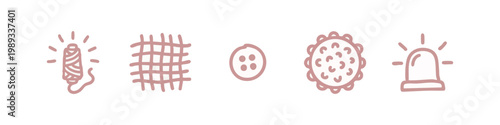 Doodle icons of sewing and crafting: thread spool, fabric, button, needle, siren