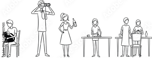 People daily life activities line icons set, photography, pet care, cooking and dining scenes, minimal outline characters vector illustration collection