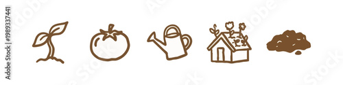 Doodle icons of gardening and growth: sprout, tomato, watering can, greenhouse, soil