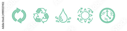 Doodle icons of sustainability and time: recycle, water drop, sun, clock