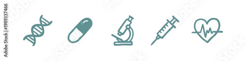 Doodle icons of medical and health: DNA, pill, microscope, syringe, heart rate