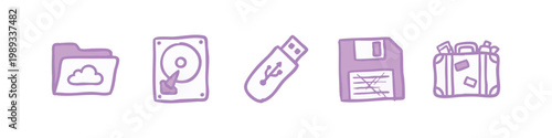 Digital Storage Icons: Folder, Hard Drive, USB, Floppy Disk, Storage Box