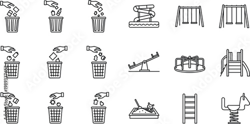 Playground and trash disposal line icons set, recycling bin usage steps and outdoor park equipment symbols, minimal outline vector illustration collection