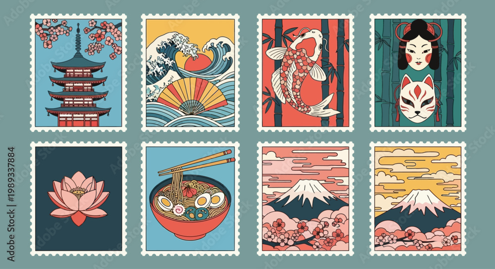 Fototapeta premium Artistic collection of Japanese-themed postage stamps, illustrating iconic cultural symbols, natural beauty, and traditional motifs, perfect for design and celebrating Japan's rich heritage