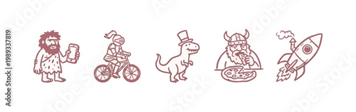 Doodle Icons: Caveman, Knight on Bicycle, Dinosaur, Viking, Rocket
