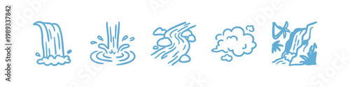 Doodle Icons: Waterfall, Spilling Water, River Rocks, Cloud Burst, Cliff Waterfall