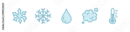 Set of 5 simple hand-drawn icons related to weather and temperature, on white background