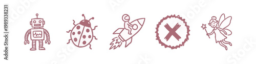 Set of 5 simple hand-drawn icons for fantasy, technology, and creativity, on white background