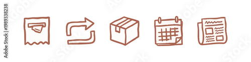 Set of 5 simple hand-drawn icons for commerce and daily life, on white background