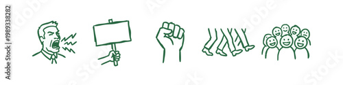 Set of 5 simple hand-drawn icons related to protest and social movements, on white background