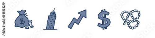 Set of 5 simple hand-drawn icons related to finance and wealth, on white background