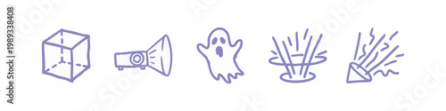Hand-drawn icons of cube, projector, ghost, explosion, and prism