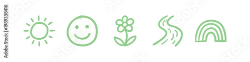 Green icons of sun, smiley face, flower, river, and rainbow