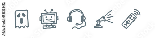 Drawn icons of ghost, computer, headphones, megaphone, and remote