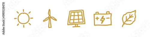Golden icons for renewable energy: sun, wind turbine, solar panel, battery, leaf