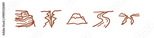 Set of 5 Hand-Drawn Landscape and Geology Icons in Brown - Cliff, Chasm, Mountain Peak, River, and Valley