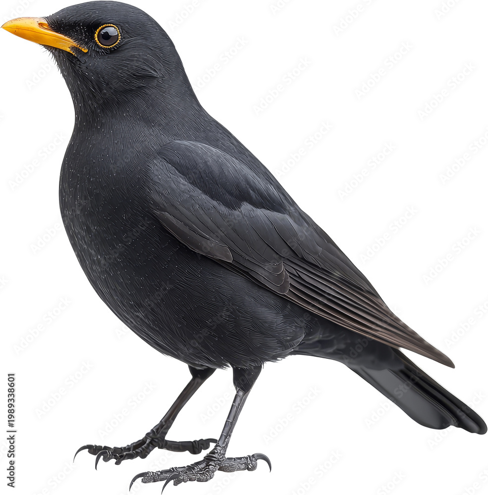 Fototapeta premium Blackbird bird black beak eye closeup side view of blackbird with orange beak, detailed feather