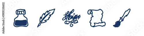 Hand-drawn icons: ink bottle, quill pen, script, scroll, paintbrush