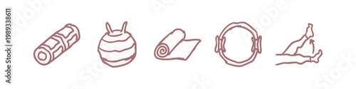 Set of 5 Hand-Drawn Fitness and Pilates Icons in Dark Rose - Mats, Gym Ball, Pilates Ring, and Exercise