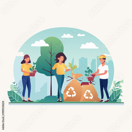 Diverse group of people engaging in eco-friendly planting and recycling activities in an urban green space