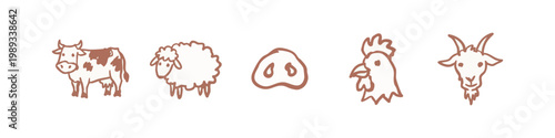 Hand-drawn icons: cow, sheep, pig nose, chicken head, goat